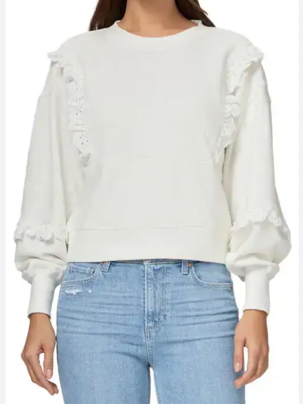 Paige castelle eyelet ruffle cotton balloon sleeve sweatshirt in ivory sz s